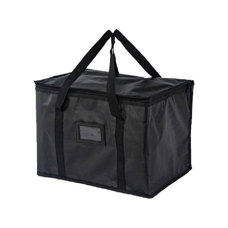 Black rectangular thermal insulated bag with top handles and front logo patch