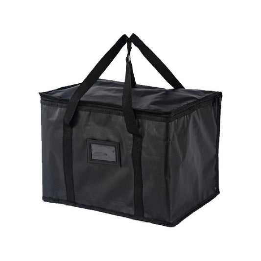 Black rectangular thermal insulated bag with top handles and front logo patch