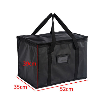 Black insulated food delivery bag with front logo patch and two carry handles