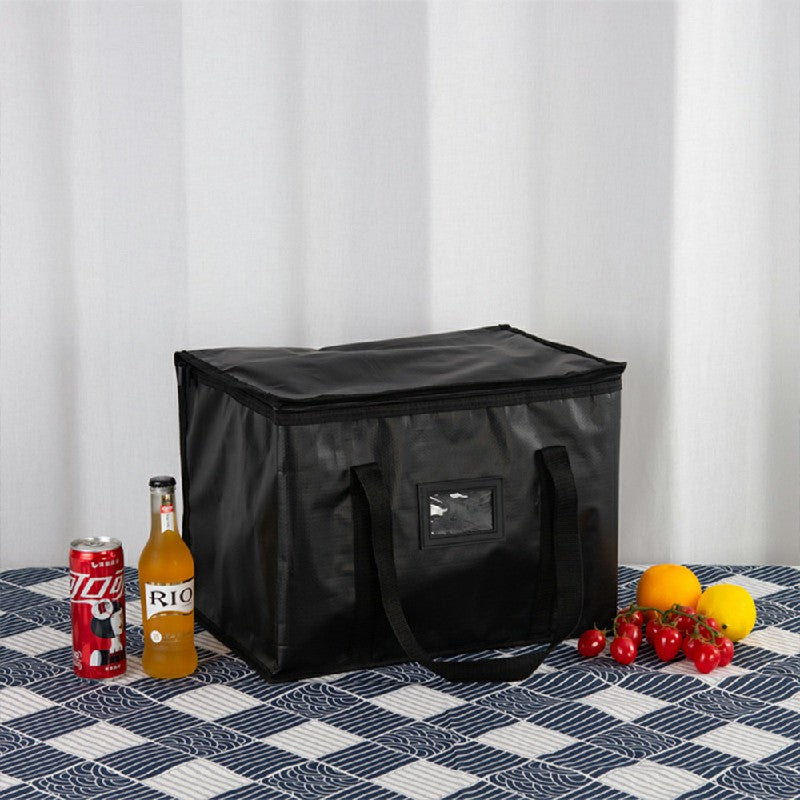 Black insulated food bag with front pocket, carry handles, and top lid