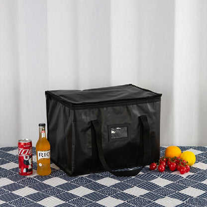 Black insulated food bag with front pocket, carry handles, and top lid