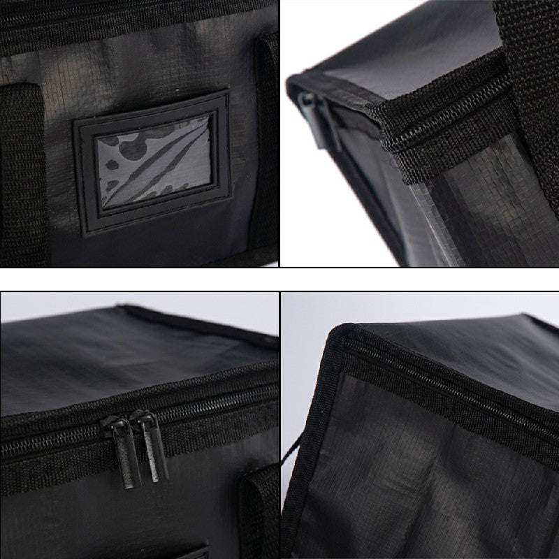 Black insulated bag front patch and zipper detail with reinforced seams