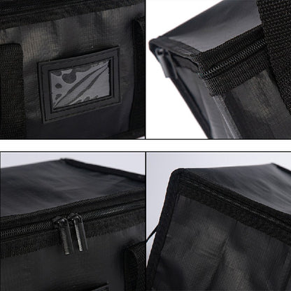 Black insulated bag front patch and zipper detail with reinforced seams