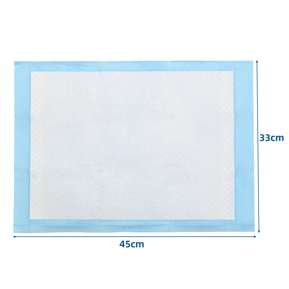 Puppy training pad size 45cm x 33cm with blue border and white center