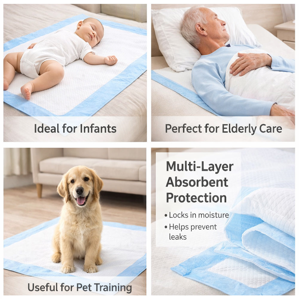 Multiple blue-and-white pet training pads shown on the floor for pets
