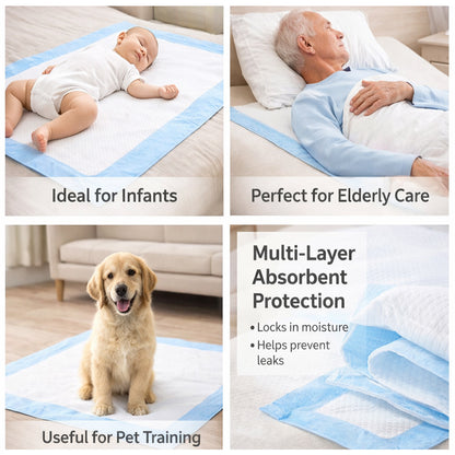 Multiple blue-and-white pet training pads shown on the floor for pets