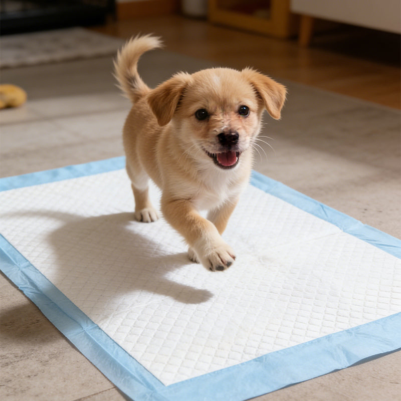 Blue-and-white puppy training pad with border, placed on a floor
