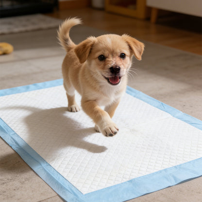 Blue-and-white puppy training pad with border, placed on a floor