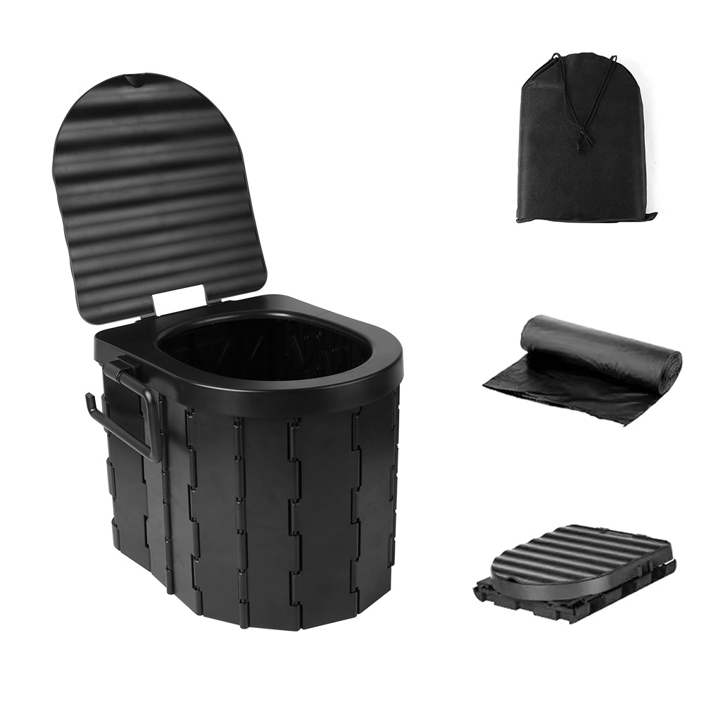 Portable folding travel potty with open lid and carry bag, black plastic body