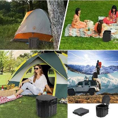 Folding portable toilet with black waste bucket and closed ribbed lid