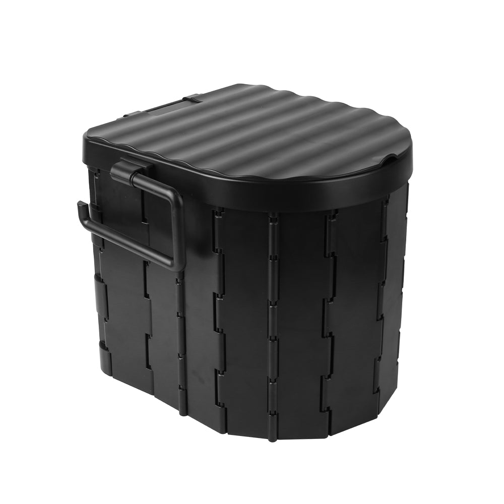 Folding portable toilet, black ribbed top lid with carry handle and side latch