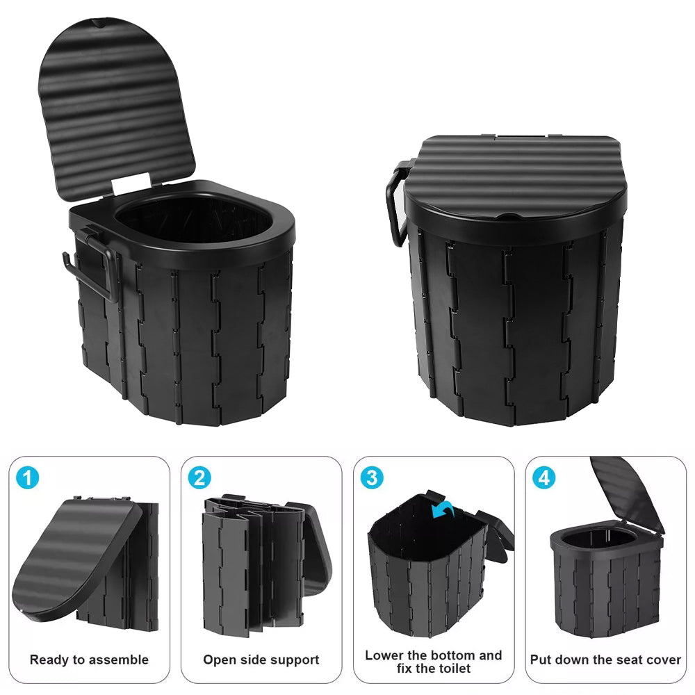 Folding portable toilet with open lid, black hinged seat cover and waste bucket
