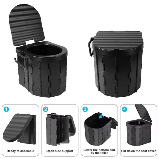 Folding portable toilet with open lid, black hinged seat cover and waste bucket
