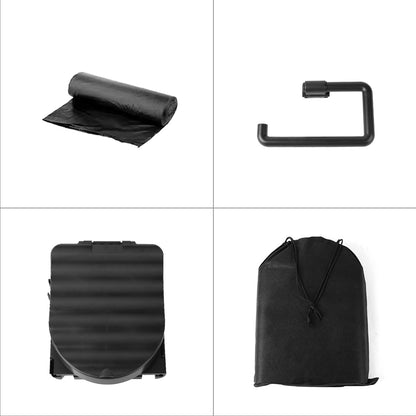 Portable potty kit with black waste bags, support handle, folded base, and storage bag