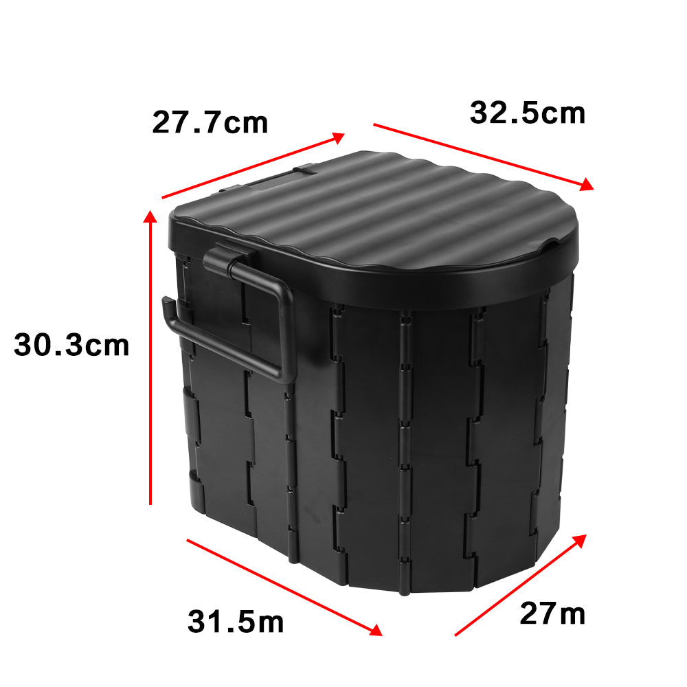 Folding portable toilet size diagram showing measurements on black waste bucket