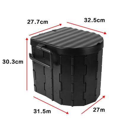 Folding portable toilet size diagram showing measurements on black waste bucket