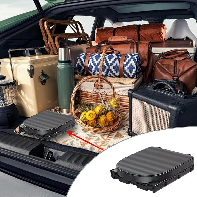 Folding portable toilet in car, black ribbed lid panel and upright waste bucket