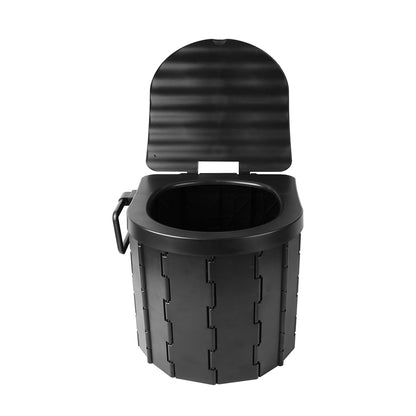 Folding portable toilet with raised lid and black waste bucket, front view