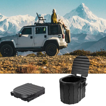 Folding portable toilet with folded ribbed lid and black waste bucket