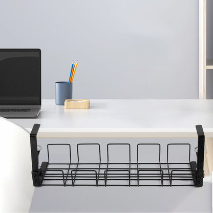 Under-desk cable tray organizer with front bar and wire grid holding cords
