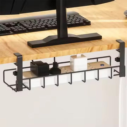 Under-desk cable tray organizer with black brackets and multi-hook front rack