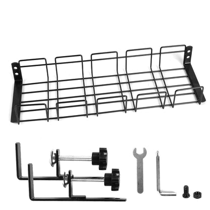 Black under-desk wire cable tray organizer with side mounting brackets and hooks