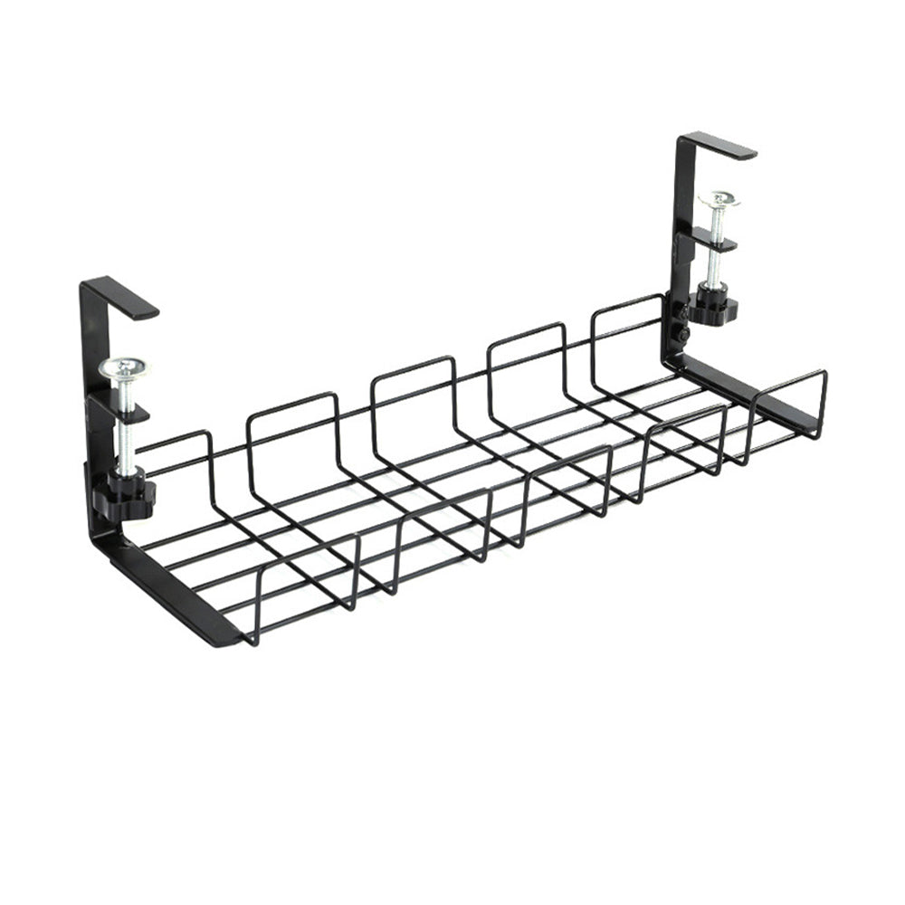 Black under-desk wire cable tray organizer with end mounting posts and base shelf
