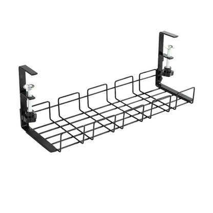 Black under-desk wire cable tray organizer with end mounting posts and base shelf