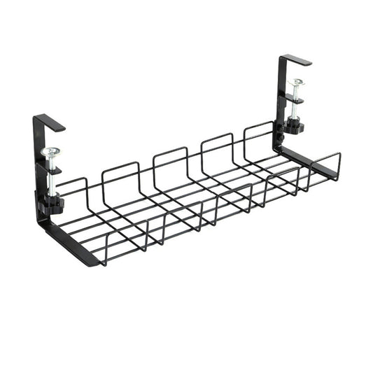 Black under-desk wire cable tray organizer with end mounting posts and base shelf