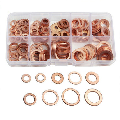 Assorted copper engine crush washers set in clear box, flat ring seal washers