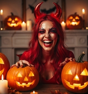 Red devil horn headband with fuzzy tips worn on a smiling face