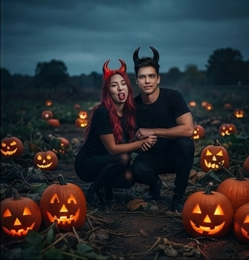 Red and black devil horn headbands worn by two people at Halloween