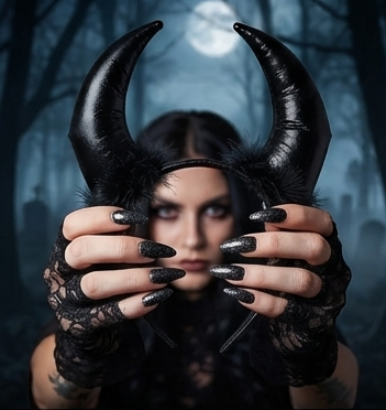 Black devil horn headband with shiny fuzzy horns and two curved ear straps