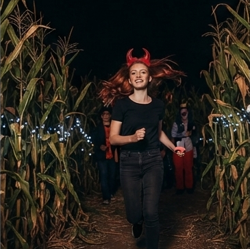 Red devil horn headband worn on a person running outdoors at night