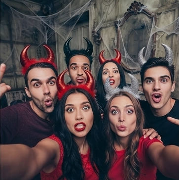 Mixed red and black devil horn headbands on a group of Halloween costumes