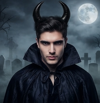Black devil horn headband worn on head with fuzzy horn tips