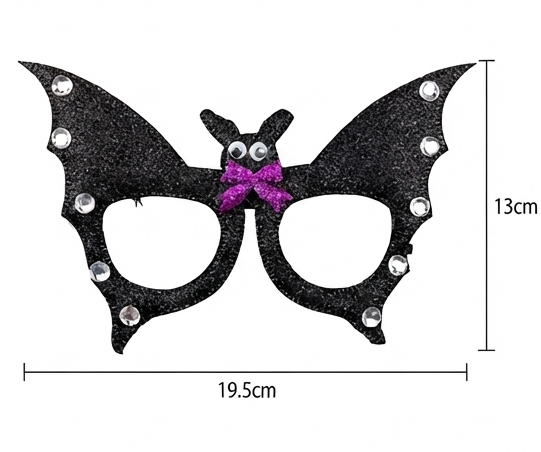 Black bat-shaped novelty glasses with purple bow and silver stud details