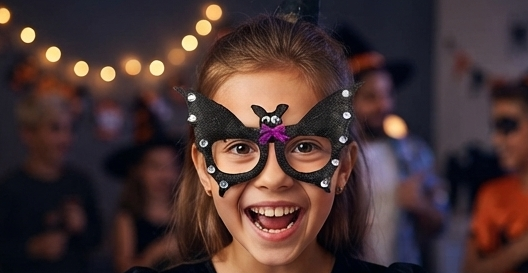 Bat novelty glasses on a smiling child’s face, with purple bow and silver studs