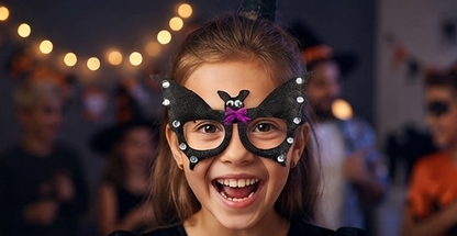 Bat novelty glasses on a smiling child’s face, with purple bow and silver studs