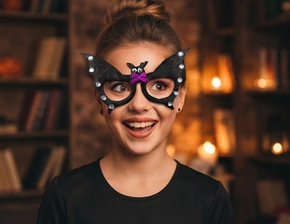 Black bat glasses with purple bow and silver rhinestone-style studs