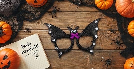 Bat-shaped Halloween glasses with purple bow and silver stud decorations