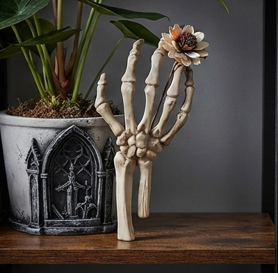 Skeleton hand prop with five pale fingers, posed beside a small tabletop ornament