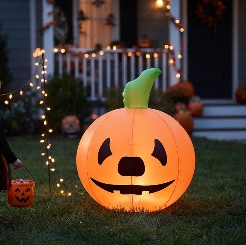 Glowing orange inflatable jack-o’-lantern pumpkin with green stem