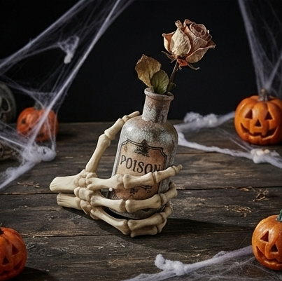 Skeleton hand holding a small potion bottle labeled “POISON”