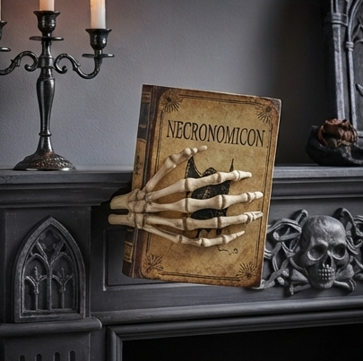 Skeleton hand gripping a brown vintage book on a mantel