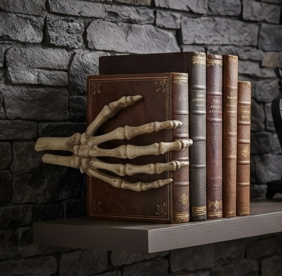 Skeleton hand decoration reaching forward in front of stacked book spines