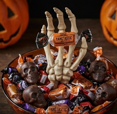 Skeleton hand emerging from a bowl of wrapped Halloween candies
