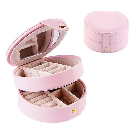 Pink round jewelry box case with open lid and beige 2-layer organizer compartments