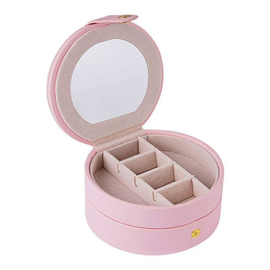 Pink round jewelry box with hinged lid open, beige padded dividers in two layers