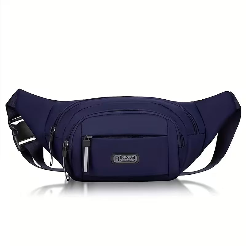 Navy waist crossbody bag with front zip pocket and adjustable strap